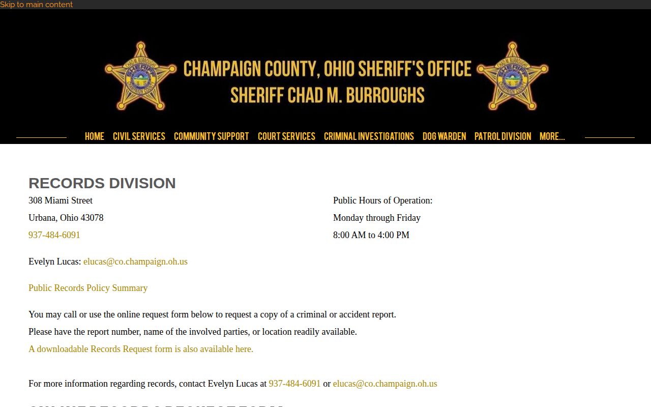 Champaign County booking-record request route at the Sheriff Records Division