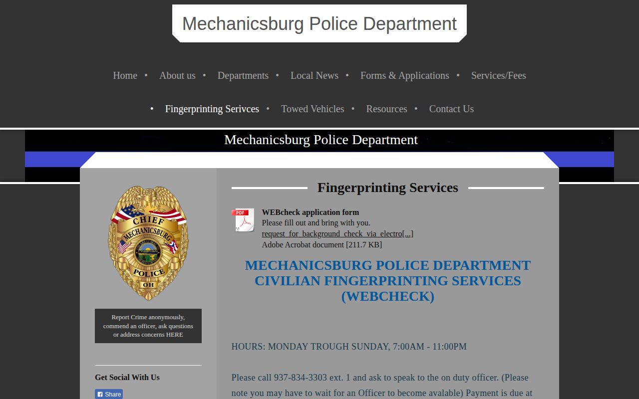 Mechanicsburg Police local records contact page for Champaign County arrest records