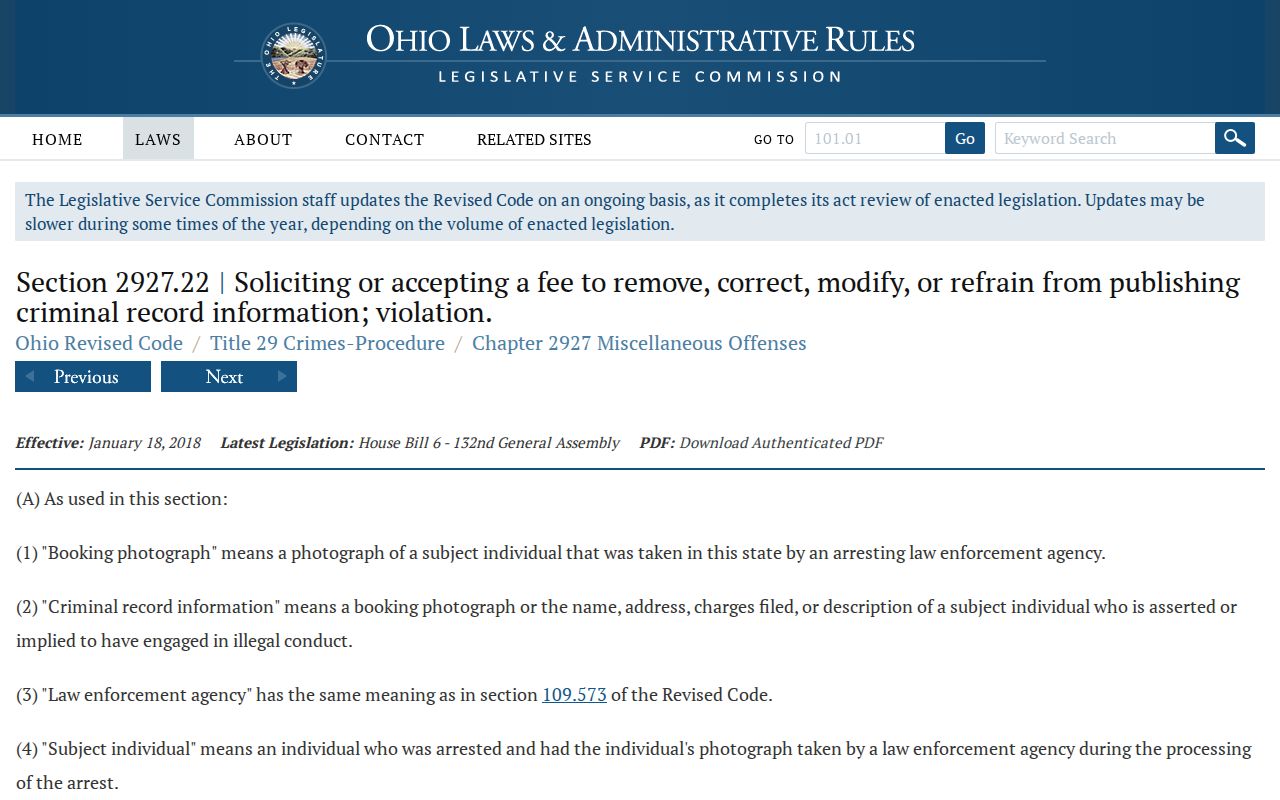 Champaign County booking-record correction context from Ohio anti-pay-to-remove law