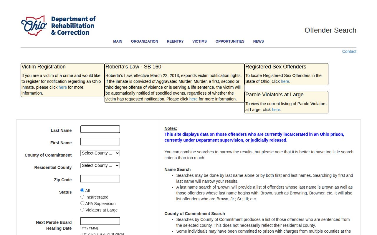 Champaign County record-search context on the Ohio Department of Rehabilitation and Correction offender search